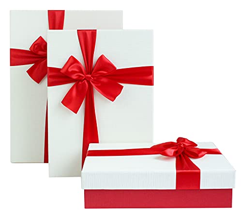Emartbuy Set mit 3 starren Geschenkboxen, strukturierte rote Box mit weißem Deckel, rotes Satin-Dekoband und 200 g geschreddertem Papier in creme von emartbuy