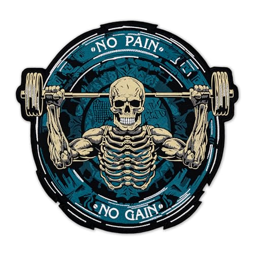 EMBROVERSE Aufnäher, Motiv: No Pain No Gain, Skelett, bestickt, Fitness, motivierendes Workout mit Langhantel, Fitnessstudio, Gewichtheben, Rückenjacke, zum Aufbügeln, Blau, 38,1 x 36,3 cm EMBROVERSE Aufnäher, Motiv: No Pain No Gain, Skelett, bestickt, Fitness, motivierendes Workout mit Langhantel, Fitnessstudio, Gewichtheben, Rückenjacke, zum Aufbügeln, Blau, 38,1 x 36,3 cm von embroverse