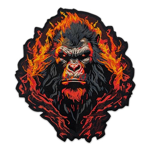 EMBROVERSE Fiery Gorilla großer bestickter Aufnäher – Fantasy Flaming Fierce Primas Gesicht, Rückenjacke, mutiges Accessoire, kraftvolles Dschungel-Abenteuer, zum Aufbügeln, 27,9 x 32 cm von embroverse