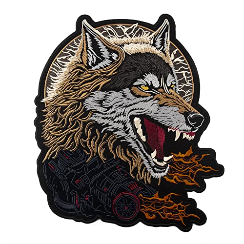 EMBROVERSE Fire Wolf großer Rückenaufnäher – bestickter Aufnäher zum Aufbügeln mit wütendem Wildtierkopf in heftigen Flammen, perfekt für Jacken, 25,4 x 28,7 cm von embroverse