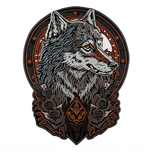 EMBROVERSE Freimaurer-Wolf mit Rosen, großer Rückenaufnäher – Glorious Animal Head – Maurerschild – bestickt zum Aufbügeln – 28,7 x 37,6 cm von embroverse