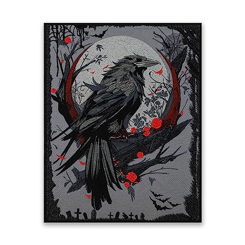 EMBROVERSE Gothic Rabe und Blumen großer Rückenaufnäher – heller Hintergrund – Makabre Hexenkrähe Kunst, bestickt zum Aufbügeln für einzigartige Jackenverzierung, 30,5 x 38,1 cm von embroverse