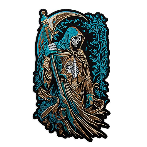 EMBROVERSE Großer Aufnäher mit Sensenmann, bestickt, Todesrückseite, Totenkopf-Motiv, Jacken-Zubehör, Größe 17,8 x 31,8 cm von embroverse