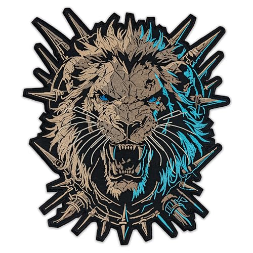 EMBROVERSE Großer Rückenaufnäher, Motiv: Fierce Lion - Premium Besticktes Biest mit Spikes, Angry Wild Animal Head, Gothic Back Jacket Powerful Statement, Iron On, 17.8 cm x 20.1 cm von embroverse