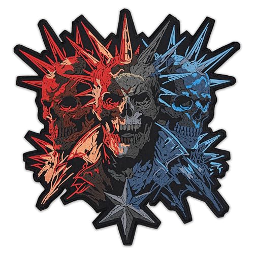 EMBROVERSE Großer Rückenaufnäher mit Spiked Skull Trio, postapokalyptische Feuer- und Eisschädel, patriotische Farben, Bikerjacken-Zubehör, bestickter Aufnäher, 38,1 x 39,1 cm EMBROVERSE Großer Rückenaufnäher mit Spiked Skull Trio, postapokalyptische Feuer- und Eisschädel, patriotische Farben, Bikerjacken-Zubehör, bestickter Aufnäher, 38,1 x 39,1 cm von embroverse