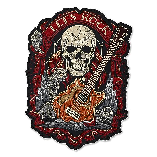 EMBROVERSE Let's Rock Guitar Skull Großer Rückenaufnäher – Bestickter Aufnäher zum Aufbügeln mit Gitarristen-Skelett-Thema, perfekt für Bikerjacken, Premium-Qualität, 31 x 42,4 cm von embroverse