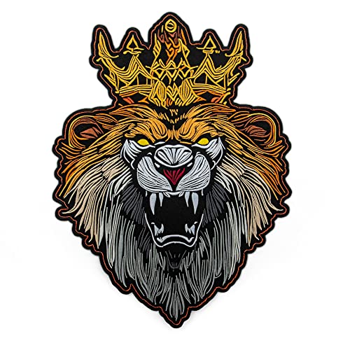 EMBROVERSE Royal Lion Großer Rückenaufnäher – Goldene Königskrone – Wütender wilder Tierkopf – bestickt zum Aufbügeln – 26,7 x 35,6 cm von embroverse