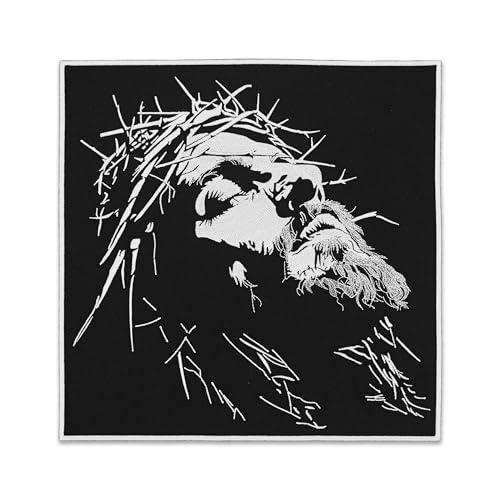 EMBROVERSE Schwarzer und weißer Jesus bestickter großer Aufnäher – christliches Bekleidungszubehör für Jeans-Rückenjacke, religiöse Kunst, Patch, Geschenk, zum Aufbügeln, 29,5 x 29,5 cm von embroverse
