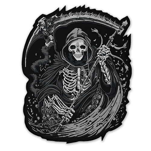 EMBROVERSE Schwarzer und weißer Sensenmann Biker Rückenaufnäher – großes gesticktes Todeszeichen für Jacken, Seelenschädel, Zubehör zum Aufbügeln, 34 x 43,9 cm von embroverse