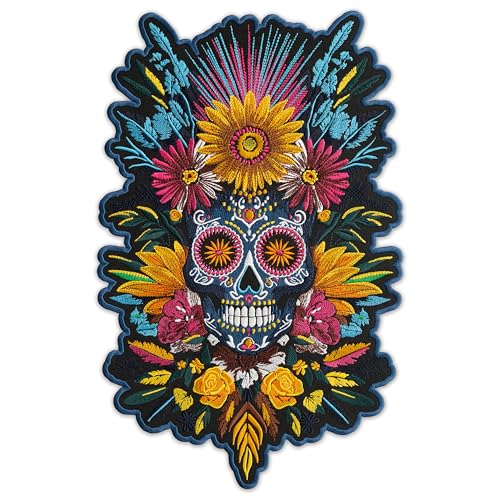 EMBROVERSE Sugar Skull Floral Large Embroidered Back Patch - Día de Los Muertos Calavera Santa Muerte Iron On / Sew On Appliqué for Biker Jackets, Westen, Costumes & Festival Wear, 7.9 × 30.5 cm von embroverse