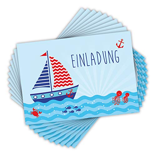 emufarm 10 EINLADUNGSKARTEN zum Kindergeburtstag SEGELSCHIFF DIN A6 beidseitig bedruckt/maritime Einladungen für Kinder mit Schiff Boot, Einladung für Jungs Sommer von emufarm