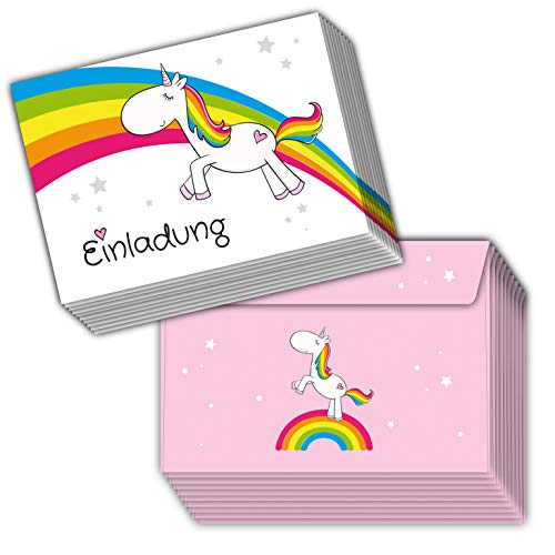 emufarm 10 Einhorn Einladungskarten inklusive 10 passenden rosa Umschlägen zum Kindergeburtstag/Einladungen zum Geburtstag mit Regenbogen Einhorn perfekt für die Einhornparty von emufarm