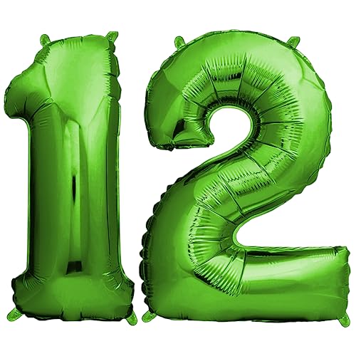 envami® Deko 12 Geburtstag Junge - Grün 101CM - Ballon Zahl Luftballon 12. Geburtstag - Zahlen Luftballon Geburtstagsdeko 12 Junge - Folienballon 12 Junge - 12 Jahre Geburtstag Junge - Helium von envami