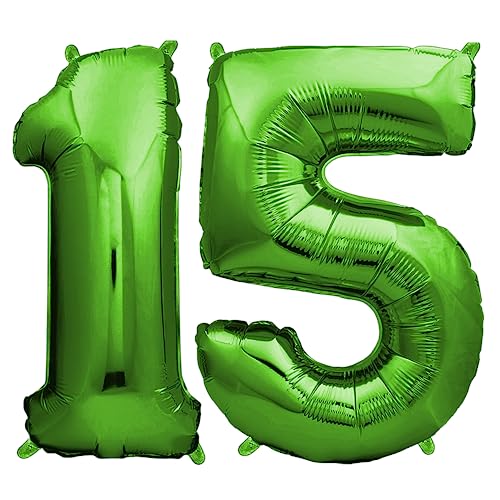 envami® Deko 15 Geburtstag Junge - Grün 101CM - Ballon Zahl Luftballon 15. Geburtstag - Zahlen Luftballon Geburtstagsdeko 15 Junge - Folienballon 15 Junge - 15 Jahre Geburtstag Junge - Helium von envami
