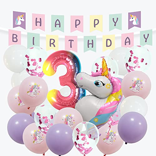 envami® Einhorn Deko 3 Geburtstag I 32 Stk. - Einhorn Luftballon Helium - Deko 3 Geburtstag Mädchen - Luftballon 3 Geburtstag - Geburtstagsdeko 3 Mädchen - Einhorn Kindergeburtstag - Folienballon 3 von envami