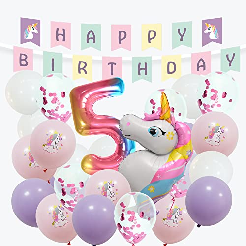 envami® Einhorn Deko 5 Geburtstag I 32 Stk. - Einhorn Luftballon Helium - Deko 5 Geburtstag Mädchen - Luftballon 5 Geburtstag - Geburtstagsdeko 5 Mädchen - Einhorn Kindergeburtstag - Folienballon 5 von envami