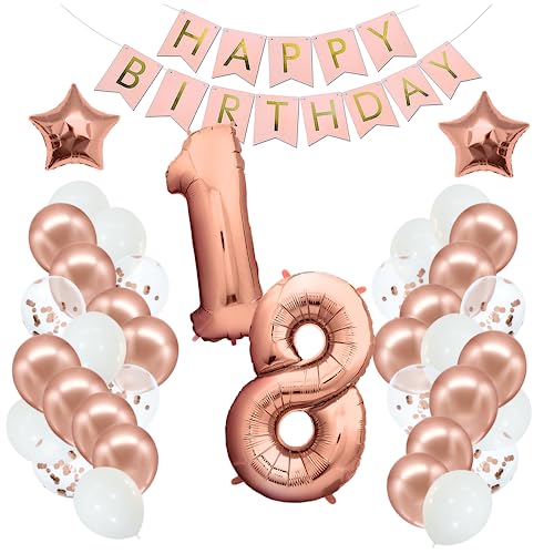 envami® Geburtstagsdeko 18 Rosegold Geburtstag Deko 18. Geburtstag Mädchen Frauen Party Deko Luftballons 18 Geburtstag - Happy Birthday Girlande - Birthday Decorations - Geburtstag Frau Rosé-Gold von envami