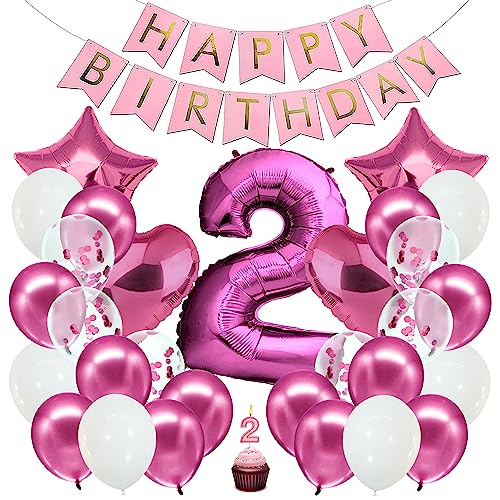 envami® Geburtstagsdeko Mädchen Pink Zahl 2. Geburtstag Mädchen Happy Birthday Deko Geburtstag Mädchen Folienballon 2 Luftballon 2. Geburtstag Kindergeburtstag Deko 2. Geburtstag Mädchen von envami