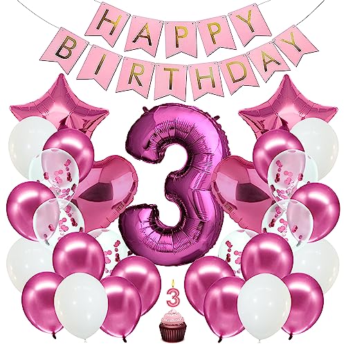 envami® Geburtstagsdeko Mädchen Pink Zahl 3. Geburtstag Mädchen Happy Birthday Deko Geburtstag Mädchen Folienballon 3 Luftballon 3. Geburtstag Kindergeburtstag Deko 3. Geburtstag Mädchen von envami