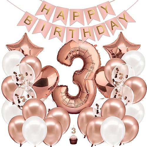 envami® Geburtstagsdeko Mädchen Rosegold Zahl 3. Geburtstag Mädchen Happy Birthday Deko Geburtstag Mädchen Folienballon 3 Luftballon 3. Geburtstag Kindergeburtstag Deko von envami