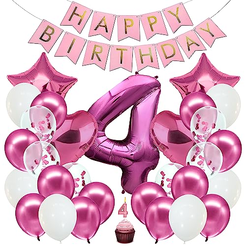 envami® Geburtstagsdeko Mädchen Pink Zahl 4. Geburtstag Mädchen Happy Birthday Deko Geburtstag Mädchen Folienballon 4 Luftballon 4. Geburtstag Kindergeburtstag Deko 4. Geburtstag Mädchen von envami