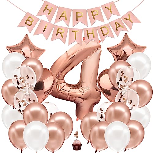 envami® Geburtstagsdeko Mädchen Rosegold Zahl 4. Geburtstag Mädchen Happy Birthday Deko Geburtstag Mädchen Folienballon 4 Luftballon 4. Geburtstag Kindergeburtstag Deko von envami