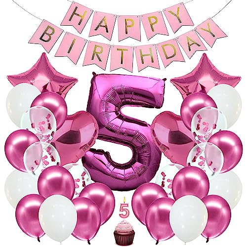 envami® Geburtstagsdeko Mädchen Pink Zahl 5. Geburtstag Mädchen Happy Birthday Deko Geburtstag Mädchen Folienballon 5 Luftballon 5. Geburtstag Kindergeburtstag Deko 5. Geburtstag Mädchen von envami
