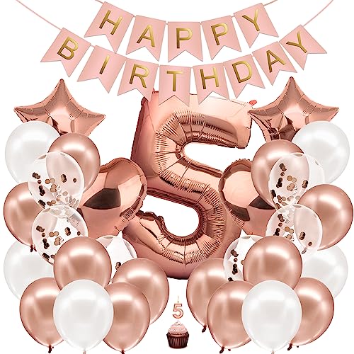 envami® Geburtstagsdeko Mädchen Rosegold Zahl 5. Geburtstag Mädchen Happy Birthday Deko Geburtstag Mädchen Folienballon 5 Luftballon 5. Geburtstag Kindergeburtstag Deko von envami