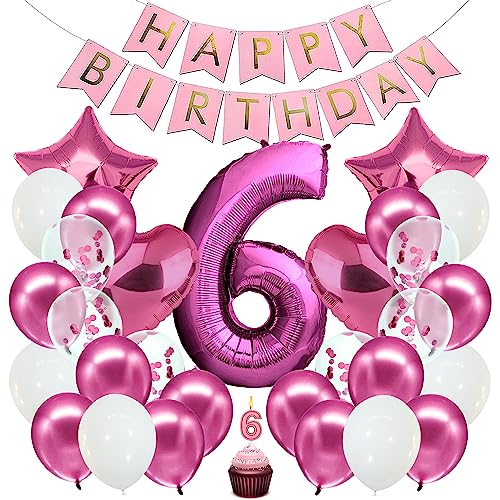 envami® Geburtstagsdeko Mädchen Pink Zahl 6. Geburtstag Mädchen Happy Birthday Deko Geburtstag Mädchen Folienballon 6 Luftballon 6. Geburtstag Kindergeburtstag Deko 6. Geburtstag Mädchen von envami