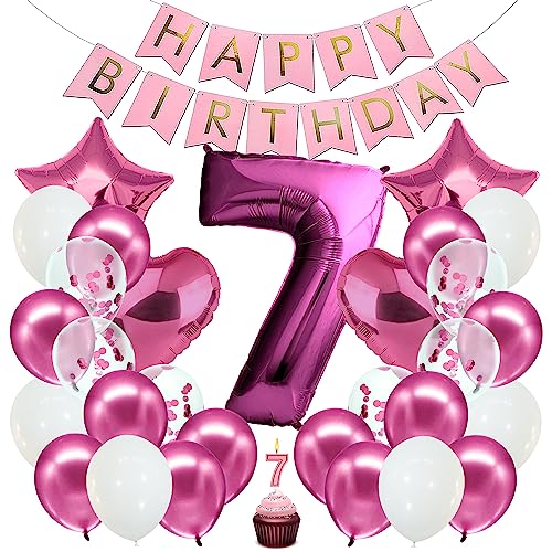 envami® Geburtstagsdeko Mädchen Pink Zahl 7. Geburtstag Mädchen Happy Birthday Deko Geburtstag Mädchen Folienballon 7 Luftballon 7. Geburtstag Kindergeburtstag Deko 7. Geburtstag Mädchen von envami