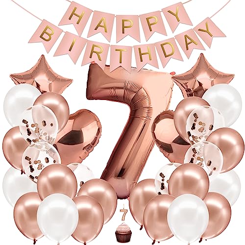 envami® Geburtstagsdeko Mädchen Rosegold Zahl 7. Geburtstag Mädchen Happy Birthday Deko Geburtstag Mädchen Folienballon 7 Luftballon 7. Geburtstag Kindergeburtstag Deko von envami