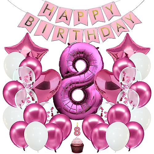 envami® Geburtstagsdeko Mädchen Pink Zahl 8. Geburtstag Mädchen Happy Birthday Deko Geburtstag Mädchen Folienballon 8 Luftballon 8. Geburtstag Kindergeburtstag Deko 8. Geburtstag Mädchen von envami