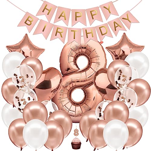 envami® Geburtstagsdeko Mädchen Rosegold Zahl 8. Geburtstag Mädchen Happy Birthday Deko Geburtstag Mädchen Folienballon 8 Luftballon 8. Geburtstag Kindergeburtstag Deko von envami