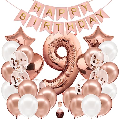 envami® Geburtstagsdeko Mädchen Rosegold Zahl 9. Geburtstag Mädchen Happy Birthday Deko Geburtstag Mädchen Folienballon 9 Luftballon 9. Geburtstag Kindergeburtstag Deko von envami