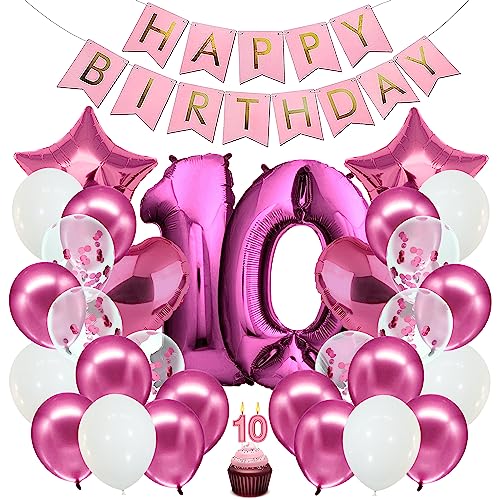 envami® Geburtstagsdeko Mädchen Pink Zahl 10. Geburtstag Mädchen Happy Birthday Deko Geburtstag Mädchen Folienballon 10 Luftballon 10. Geburtstag Kindergeburtstag Deko 10. Geburtstag von envami