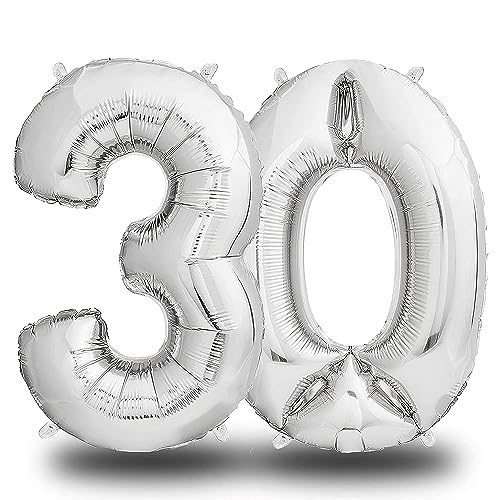 envami® Folienluftballon Zahl Silber - 100 cm - Riesen Zahlenballon - Fliegt mit Helium - Luftballon Zahl Geburtstag - Geburtstagsdekoration - Deko Geburtstag (30 einzeln) von envami