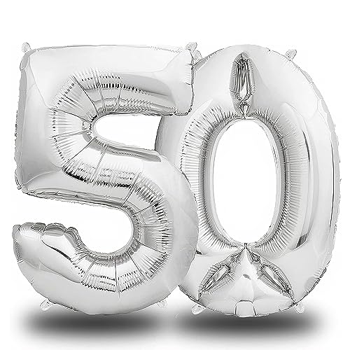 envami® Folienluftballon Zahl Silber - 100 cm - Riesen Zahlenballon - Fliegt mit Helium - Luftballon Zahl Geburtstag - Geburtstagsdekoration - Deko Geburtstag (50 einzeln) von envami