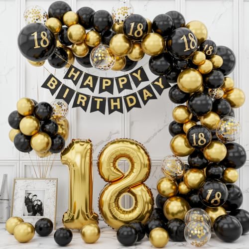 envami® 18 Geburtstag Deko I Schwarz-Gold I 18 Geburtstag Mädchen Junge Geburtstagsdeko 18 Luftballons 18 Ballon Zahl 18 Dekoration 18 Mädchen 18 Ballon Dekoration Girlande von envami