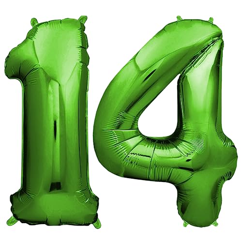envami® Deko 14 Geburtstag Junge - Grün 101CM - Ballon Zahl Luftballon 14. Geburtstag - Zahlen Luftballon Geburtstagsdeko 14 Junge - Folienballon 14 Junge - 14 Jahre Geburtstag Junge - Helium von envami