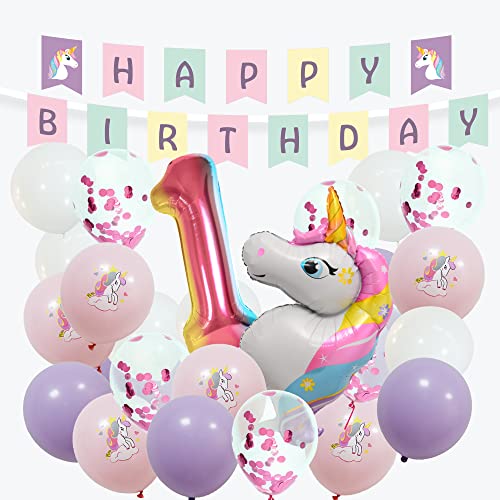 envami® Einhorn Deko 1 Geburtstag I 32 Stk. - Einhorn Luftballon Helium - Deko 1 Geburtstag Mädchen - Luftballon 1 Geburtstag - Geburtstagsdeko 1 Mädchen - Einhorn Kindergeburtstag - Folienballon 1 von envami