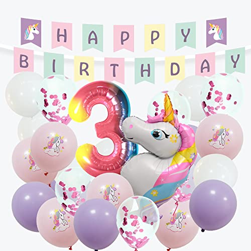 envami® Einhorn Deko 3 Geburtstag I 32 Stk. - Luftballon Helium - Deko 3 Geburtstag Mädchen - Geburtstagsdeko 3 Mädchen - Einhorn Kindergeburtstag - Folienballon 3 von envami