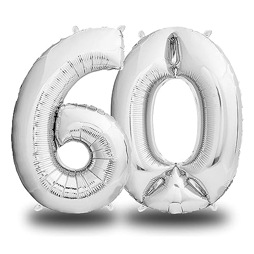 envami® Folienluftballon Zahl Silber - 100 cm - Riesen Zahlenballon - Fliegt mit Helium - Luftballon Zahl Geburtstag - Geburtstagsdekoration - Deko Geburtstag (60 einzeln) von envami
