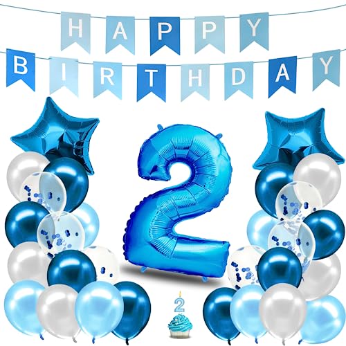 envami® Geburtstagsdeko Jungen Blau Zahl 2. Geburtstag Junge Happy Birthday Deko Geburtstag Junge Folienballon 2 Luftballon 2. Geburtstag Kindergeburtstag Deko 2. Geburtstag Junge von envami