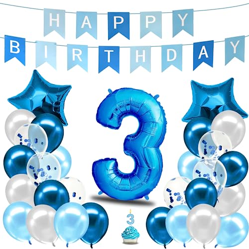 envami® Geburtstagsdeko Jungen Blau Zahl 3. Geburtstag Junge Happy Birthday Deko Geburtstag Junge Folienballon 3 Luftballon 3. Geburtstag Kindergeburtstag Deko 3. Geburtstag Junge von envami