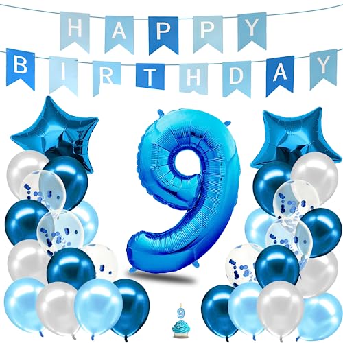 envami® Geburtstagsdeko Jungen Blau Zahl 9. Geburtstag Junge Happy Birthday Deko Geburtstag Junge Folienballon 9 Luftballon 9. Geburtstag Kindergeburtstag Deko 9. Geburtstag Junge von envami