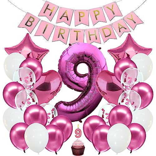 envami® Geburtstagsdeko Pink für Mädchen - Happy Birthday Deko Set mit Folienballon und Luftballon für 9. Kindergeburtstag von envami