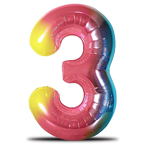 envami® Luftballon Geburtstag XXL Regenbogen Rainbow - Riesen Folienballon in 40" - 101cm Geburtstagsdeko - Ballon Zahl Deko zum Geburtstag - fliegt mit Helium (Zahl 3) von envami