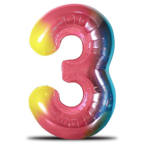 envami® Luftballon Geburtstag XXL Regenbogen Rainbow - Riesen Folienballon in 40" - 101cm Geburtstagsdeko - Ballon Zahl Deko zum Geburtstag - fliegt mit Helium (Zahl 3) von envami