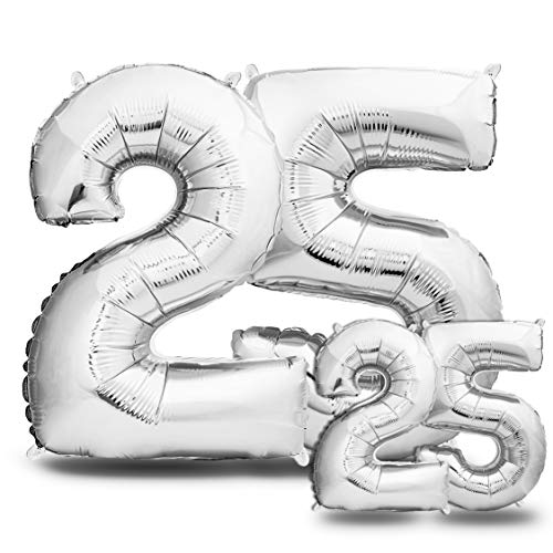 envami® Luftballons 25. Geburtstag XXL Silber - Riesen Folienballon in 2 Größen 40" & 16" - 101cm + 40cm Geburtstagsdeko Set - Vier Zahlen - Ideal als Deko - fliegt mit Helium von envami