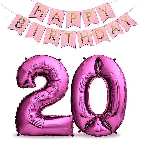 envami® XXL Folienluftballons - Luftballons Pink + Happy Birthday Girlande - Riesen Zahlen -Luftballons - 40" 101CM - Perfekte Geburtstagsdeko Rosa - Fliegt mit Helium (Zahl 20) von envami